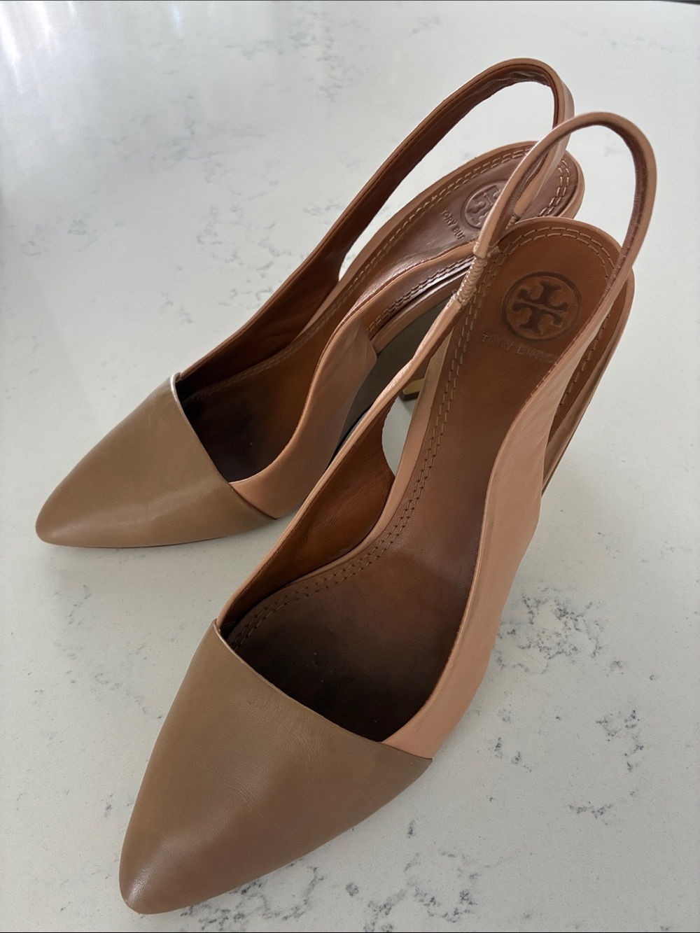 Tory Burch Two-Tone Tan & Camel Pointed Slingback Pumps